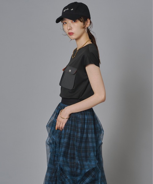 terrace(テラス)の「異素材ポケット付きシルケットTシャツ(Tシャツ/カットソー・レディース・ブラック/オフホワイト/カーキ・FREE)」の4枚目の写真