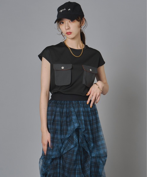 terrace(テラス)の「異素材ポケット付きシルケットTシャツ(Tシャツ/カットソー・レディース・ブラック/オフホワイト/カーキ・FREE)」の6枚目の写真