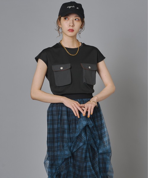 terrace(テラス)の「異素材ポケット付きシルケットTシャツ(Tシャツ/カットソー・レディース・ブラック/オフホワイト/カーキ・FREE)」の7枚目の写真