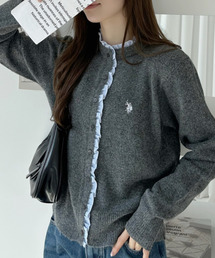 【Ada.別注 U.S. POLO ASSN.】 異素材 シャツ フリル ドッキング ニット カーディガン