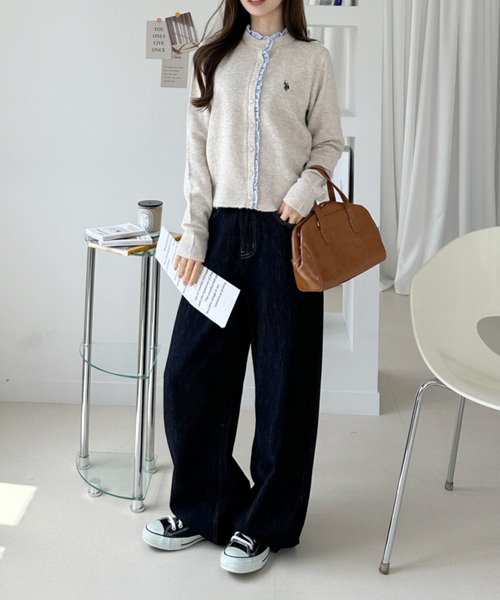 U.S. POLO ASSN.(ユーエスポロアッスン)の「【Ada.別注 U.S. POLO ASSN.】 異素材 シャツ フリル ドッキング ニット カーディガン(カーディガン/ボレロ・レディース・ネイビー/グレー/ベージュ・M/L)」の7枚目の写真