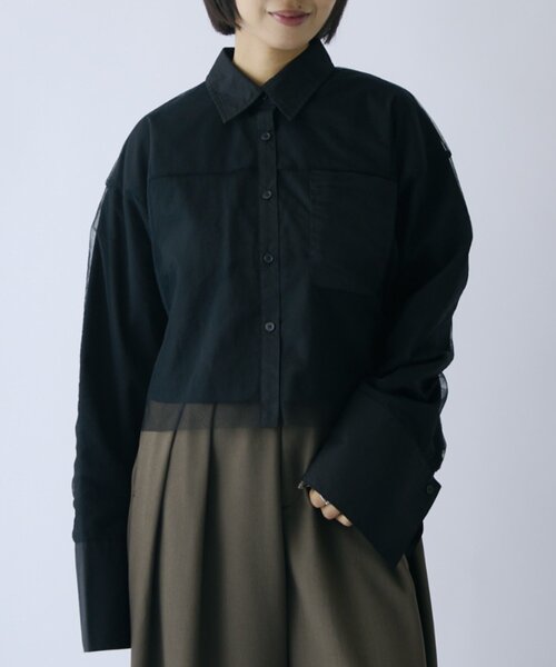 goocy(グーシー)の「チュール被せ長袖シャツ(シャツ/ブラウス・レディース・ブラウン/ネイビー/ホワイト/ブラック・FREE)」の3枚目の写真