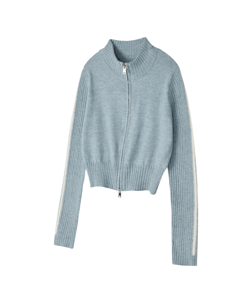 LMR(エルエムアール)の「ヘアリー レタリング トラック クロップ ニット ジップアップ BLUE(ニット/セーター・レディース・ブルー・FREE)」の2枚目の写真