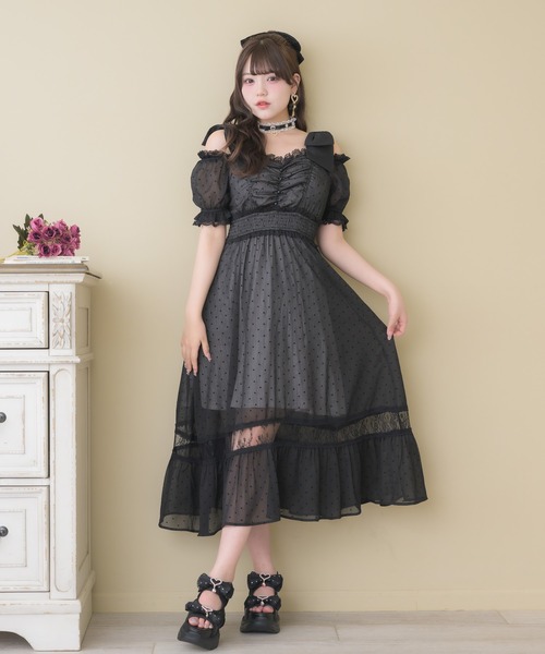 ROJITA（ロジータ）の「肩リボンハートドットオフショルワンピース（ワンピース・レディース・アイボリー/ブラック/ピンク・FREE）」の3枚目の写真