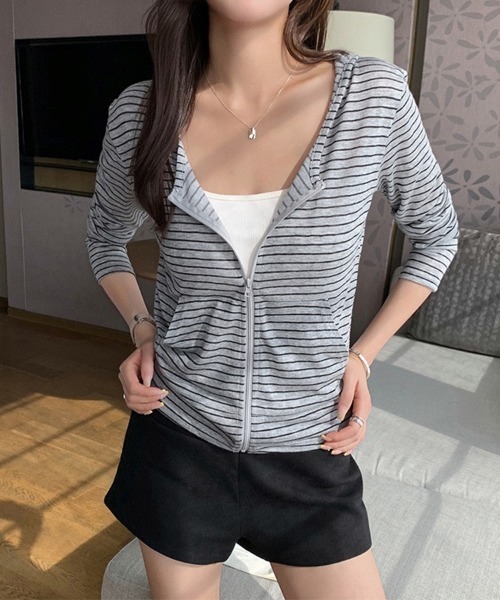 ReRe(リリ)の「ボーダー柄フード付きジップパーカー(パーカー・レディース・ホワイト/ブラック/グレー/イエロー/ブルー・MEDIUM/LARGE/X-LARGE)」の12枚目の写真