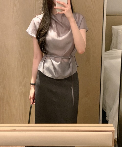 Aelina(エリナ)の「リボン半袖トップス(シャツ/ブラウス・レディース・グレー/ベージュ・FREE)」の18枚目の写真