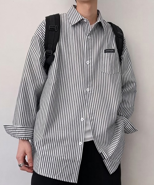 セール】ストライプ柄長袖シャツメンズトップス春秋（シャツ/ブラウス