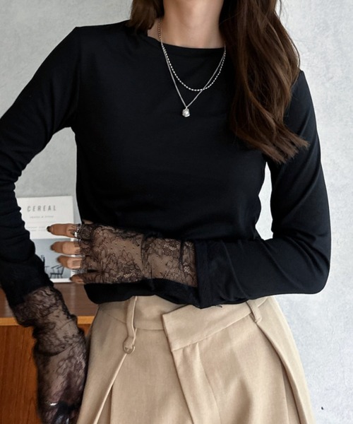Eclat one(エクラワン)の「【Eclat one】袖口レース クルーネック トップス(Tシャツ/カットソー・レディース・杢グレー/ホワイト/ダークブラウン/ブラック・FREE)」の15枚目の写真