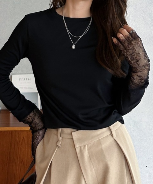 Eclat one(エクラワン)の「【Eclat one】袖口レース クルーネック トップス(Tシャツ/カットソー・レディース・杢グレー/ホワイト/ダークブラウン/ブラック・FREE)」の14枚目の写真