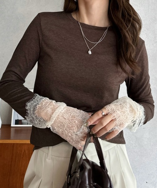 Eclat one(エクラワン)の「【Eclat one】袖口レース クルーネック トップス(Tシャツ/カットソー・レディース・杢グレー/ホワイト/ダークブラウン/ブラック・FREE)」の10枚目の写真