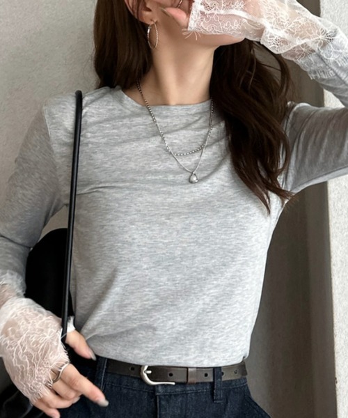 Eclat one(エクラワン)の「【Eclat one】袖口レース クルーネック トップス(Tシャツ/カットソー・レディース・杢グレー/ホワイト/ダークブラウン/ブラック・FREE)」の17枚目の写真