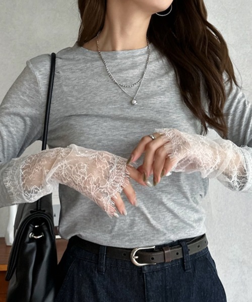 Eclat one(エクラワン)の「【Eclat one】袖口レース クルーネック トップス(Tシャツ/カットソー・レディース・杢グレー/ホワイト/ダークブラウン/ブラック・FREE)」の5枚目の写真
