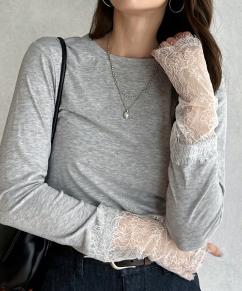 Eclat one(エクラワン)の「【Eclat one】袖口レース クルーネック トップス(Tシャツ/カットソー・レディース・杢グレー/ホワイト/ダークブラウン/ブラック・FREE)」の16枚目の写真