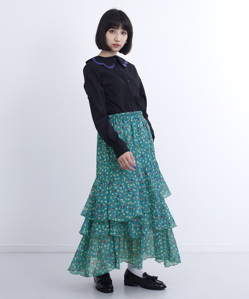 MERLOT（メルロー）の「ティアードフリルフラワー柄スカート1385（スカート・レディース・ホワイト/ブラック/ブルー/グリーン・FREE）」の18枚目の写真