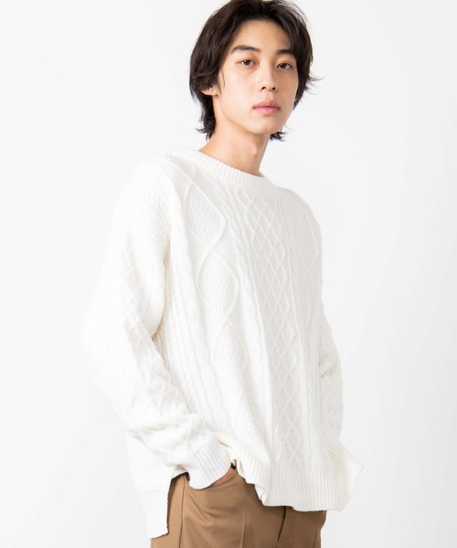 WEGO(ウィゴー)の「WEGO/サイドスリットアランビッグシルエットセーター(ニット/セーター・メンズ・ダークオレンジ/ホワイト/ブラック/ベージュ・MEDIUM/LARGE)」の5枚目の写真