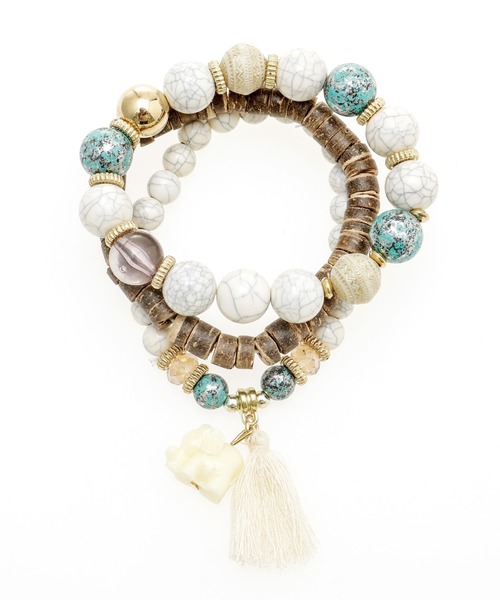 チャイハネ(チャイハネ)の「【チャイハネ】エレファントチャームビーズブレスレット 3本セット(ブレスレット・レディース・ターコイズブルー/ホワイト・FREE)」の2枚目の写真