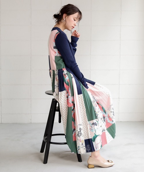 ツナメルト様♪専用オーダー赤のワンピース＆グリーンのペチコート Bou Jeloud（ブージュルード）の「◇異素材切り替え◇ニット×柄