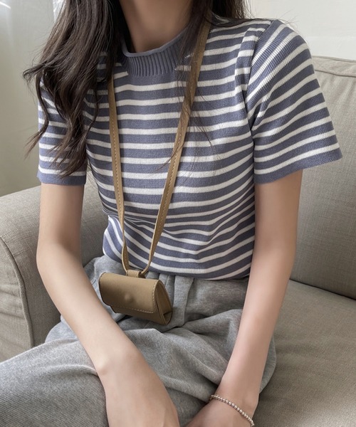 Girly Doll(ガーリードール)の「ボーダー半袖ニットプルオーバー(ニット/セーター・レディース・ホワイト/ブラック/ピンク/ブルーグレー/キャメル・FREE)」の5枚目の写真