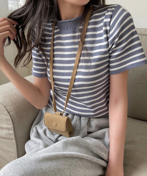 Girly Doll(ガーリードール)の「ボーダー半袖ニットプルオーバー(ニット/セーター・レディース・ホワイト/ブラック/ピンク/ブルーグレー/キャメル・FREE)」の14枚目の写真