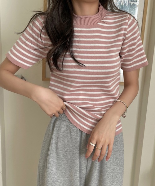 Girly Doll(ガーリードール)の「ボーダー半袖ニットプルオーバー(ニット/セーター・レディース・ホワイト/ブラック/ピンク/ブルーグレー/キャメル・FREE)」の10枚目の写真