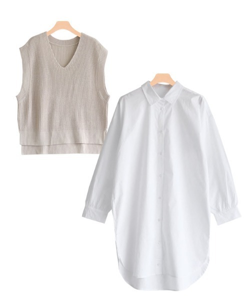 Pierrot(ピエロ)の「ニットベスト×ロングシャツセット(ニット/セーター・レディース・ブラック/チャコール/グレイッシュベージュ/キャメル/グリーン・M/L)」の7枚目の写真