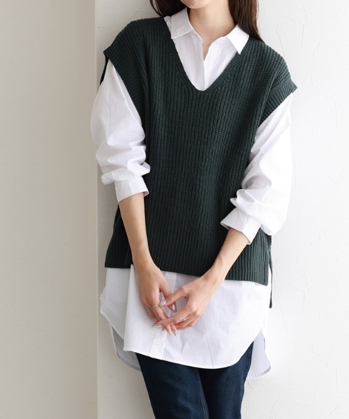 から厳選した セール】ニットベスト×ロングシャツセット（ニット/セーター トップス