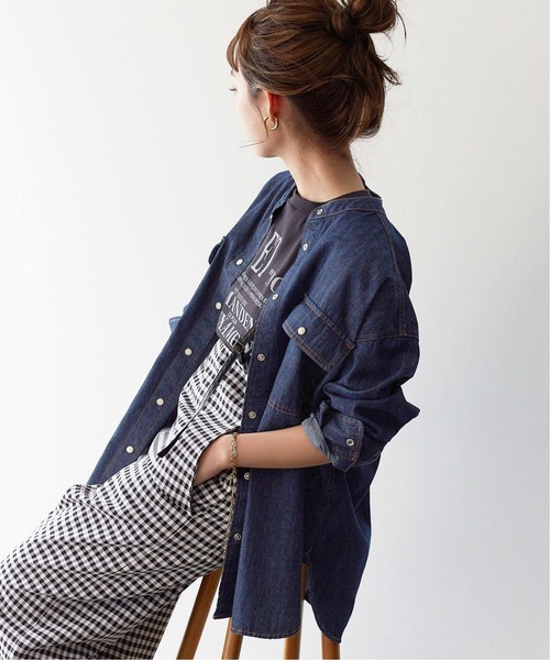 SLOBE IENA(スローブイエナ)の「LE DENIM スタンドシャツ【洗濯機使用可能】◆(シャツ/ブラウス・レディース・ネイビー/ブルー・FREE)」の7枚目の写真