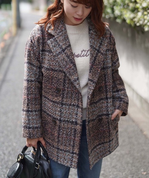 Lilipetit(リリプティ)の「【Lilipetit×Rina】チェックミドルダブルコート(ピーコート・レディース・ベージュ/ネイビー・M/L)」の2枚目の写真