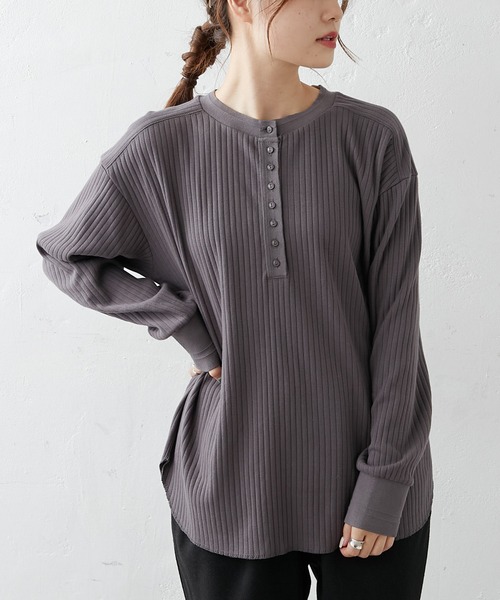 PUAL CE CIN（ピュアルセシン）の「針抜きリブヘンリーネックロングスリーブ（Tシャツ/カットソー・レディース・ブラック/グレー/ナチュラル・FREE）」の12枚目の写真