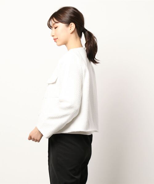wee9s（ウィークス）の「no collar tweed jacket / ノーカラーツイードジャケット（ノーカラーコート・レディース・ホワイト/グリーン/ピンク・FREE）」の6枚目の写真