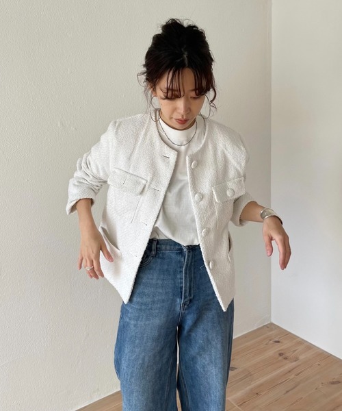 wee9s（ウィークス）の「no collar tweed jacket / ノーカラーツイードジャケット（ノーカラーコート・レディース・ホワイト/グリーン/ピンク・FREE）」の2枚目の写真