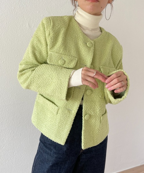 wee9s（ウィークス）の「no collar tweed jacket / ノーカラーツイードジャケット（ノーカラーコート・レディース・ホワイト/グリーン/ピンク・FREE）」の3枚目の写真