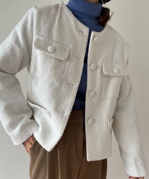 wee9s（ウィークス）の「no collar tweed jacket / ノーカラーツイードジャケット（ノーカラーコート・レディース・ホワイト/グリーン/ピンク・FREE）」の19枚目の写真