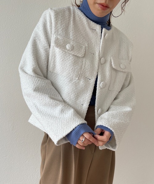 wee9s（ウィークス）の「no collar tweed jacket / ノーカラーツイードジャケット（ノーカラーコート・レディース・ホワイト/グリーン/ピンク・FREE）」の20枚目の写真