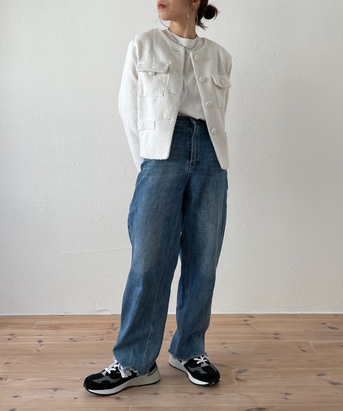 wee9s（ウィークス）の「no collar tweed jacket / ノーカラーツイードジャケット（ノーカラーコート・レディース・ホワイト/グリーン/ピンク・FREE）」の8枚目の写真