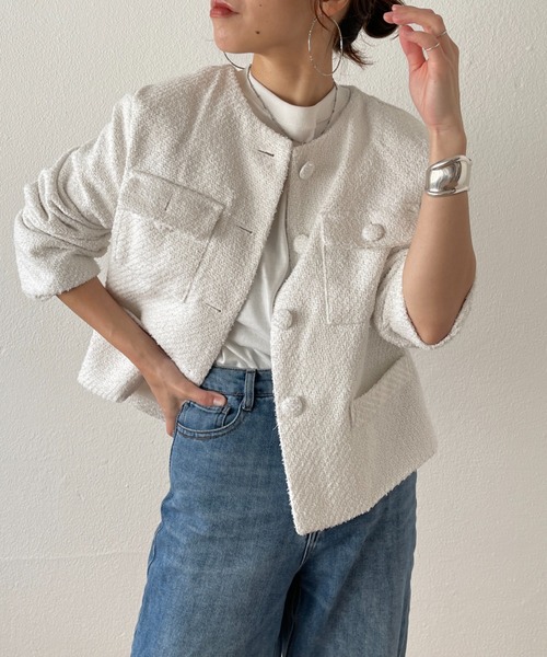 wee9s（ウィークス）の「no collar tweed jacket / ノーカラーツイードジャケット（ノーカラーコート・レディース・ホワイト/グリーン/ピンク・FREE）」の10枚目の写真