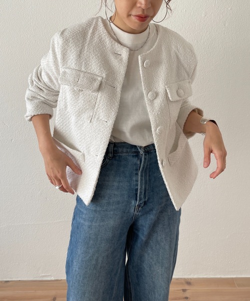 wee9s（ウィークス）の「no collar tweed jacket / ノーカラーツイードジャケット（ノーカラーコート・レディース・ホワイト/グリーン/ピンク・FREE）」の11枚目の写真