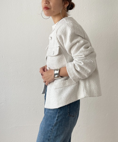 wee9s（ウィークス）の「no collar tweed jacket / ノーカラーツイードジャケット（ノーカラーコート・レディース・ホワイト/グリーン/ピンク・FREE）」の12枚目の写真