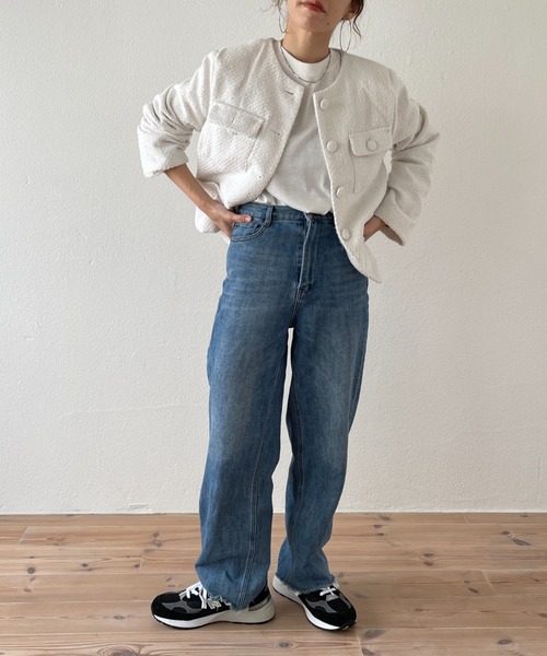 wee9s（ウィークス）の「no collar tweed jacket / ノーカラーツイードジャケット（ノーカラーコート・レディース・ホワイト/グリーン/ピンク・FREE）」の7枚目の写真