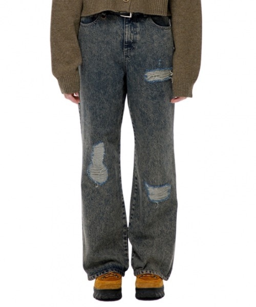 runningHIGH(ランニングハイ)の「【RUNNING HIGH 】ダメージウォッシュド デニムスラングジーンズ / DAMAGE WASHED DENIM SLUNG JEANS(デニムパンツ・レディース・ベージュ/パープル・SMALL/MEDIUM)」の7枚目の写真