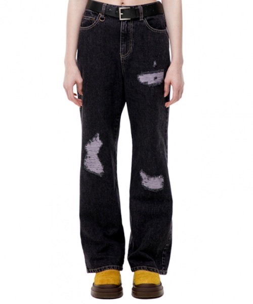 runningHIGH(ランニングハイ)の「【RUNNING HIGH 】ダメージウォッシュド デニムスラングジーンズ / DAMAGE WASHED DENIM SLUNG JEANS(デニムパンツ・レディース・ベージュ/パープル・SMALL/MEDIUM)」の6枚目の写真