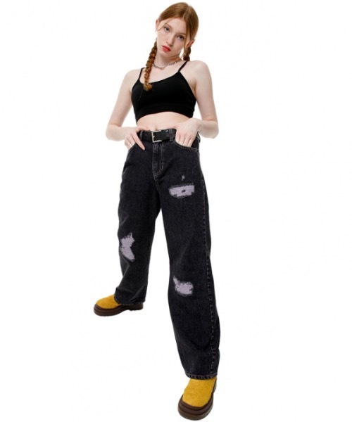 runningHIGH(ランニングハイ)の「【RUNNING HIGH 】ダメージウォッシュド デニムスラングジーンズ / DAMAGE WASHED DENIM SLUNG JEANS(デニムパンツ・レディース・ベージュ/パープル・SMALL/MEDIUM)」の3枚目の写真