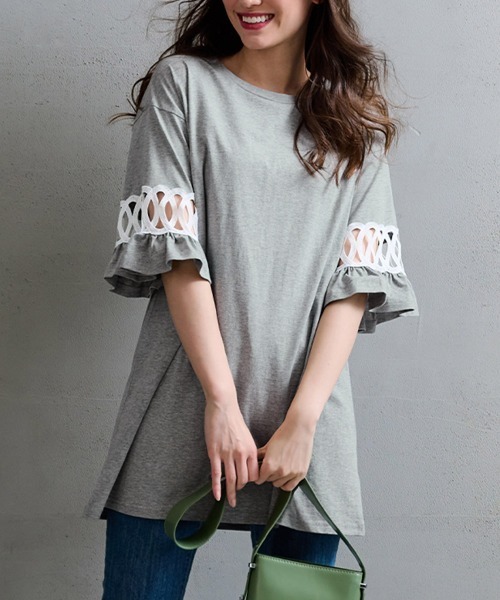 RANAN(ラナン)の「袖レース切替チュニック(Tシャツ/カットソー・レディース・モカ/ブルーグレー/ブラック/杢グレー・M/LL/L)」の4枚目の写真
