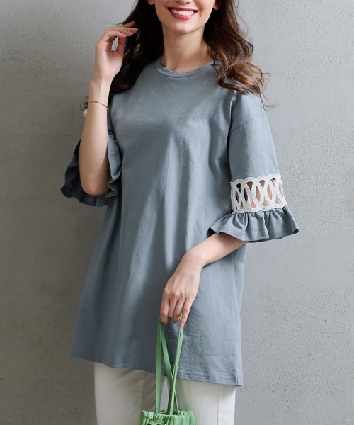 RANAN(ラナン)の「袖レース切替チュニック(Tシャツ/カットソー・レディース・モカ/ブルーグレー/ブラック/杢グレー・M/LL/L)」の3枚目の写真