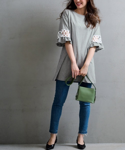 RANAN(ラナン)の「袖レース切替チュニック(Tシャツ/カットソー・レディース・モカ/ブルーグレー/ブラック/杢グレー・M/LL/L)」の7枚目の写真