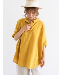 Samansa Mos2 | コットンリネン後ろ開き七分袖スキッパーチュニック(シャツ/ブラウス)