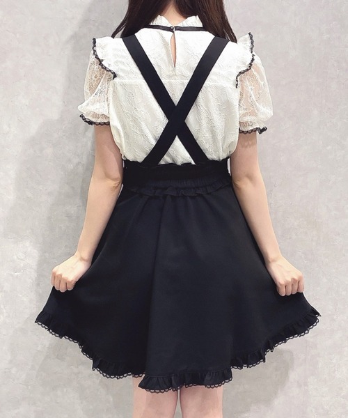 新品ハニーレナモン、グレー・ブラックドット柄フリルドレス シークレットハニー Secret Honey 袖レースピンタックフリル