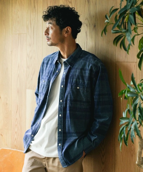 BAYFLOW(ベイフロー)の「インディゴチェックシャツ(シャツ/ブラウス・メンズ・ネイビー/オフホワイト/オレンジ・MEDIUM/LARGE)」の1枚目の写真