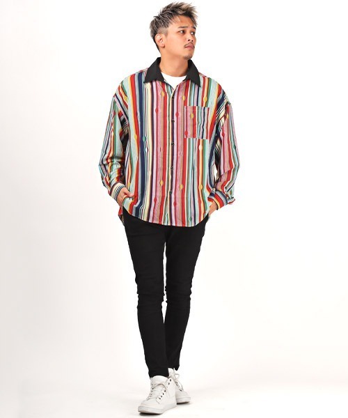 LUXSTYLE(ラグスタイル)の「衿配色総柄プリント長袖シャツ(シャツ/ブラウス・メンズ・ブラック×イエロー/ブラック×ホワイト/マルチ・L/M)」の7枚目の写真