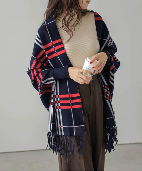 La-gemme（ラジェム）の「ストール風羽織カーディガン（カーディガン/ボレロ・レディース・ブラック×グレー/ブルー系その他/チェック/ブラウン系その他3/ブルー系その他2/ブラウン系その他/ブラウン系その他2/グレー×ピンク・フリー）」の6枚目の写真